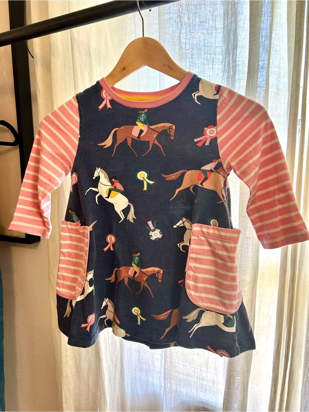 Mini Boden Equestrian Print Dress — Navy & Pink Stripe, Size 5-6Y
